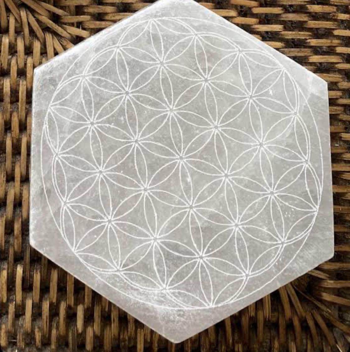 Hexagonal Selenite Plate, Flower of Life