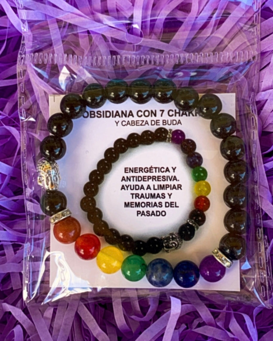 PULSERA OBSIDIANA CON 7 CHAKRAS Y CABEZA BUDA